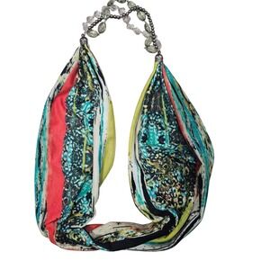 Abstract Print Infinity Scarf with Beaded Necklace Accent Teal Coral Green shirt